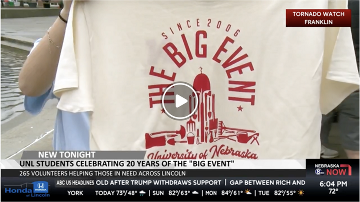 White T-shirt design featuring "The Big Event, University of Nebraska" with red text and illustrations.